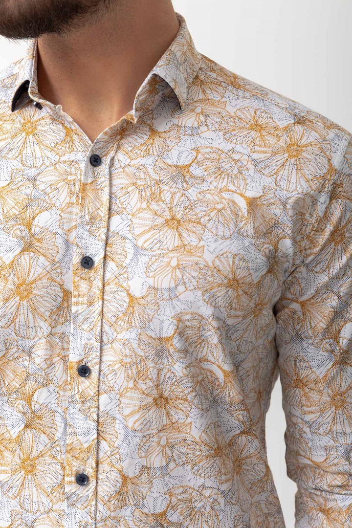 White And Camel Colours Combination Cotton And Elastane Fabrics Concealed Button Detailed Casual Mens Shirt