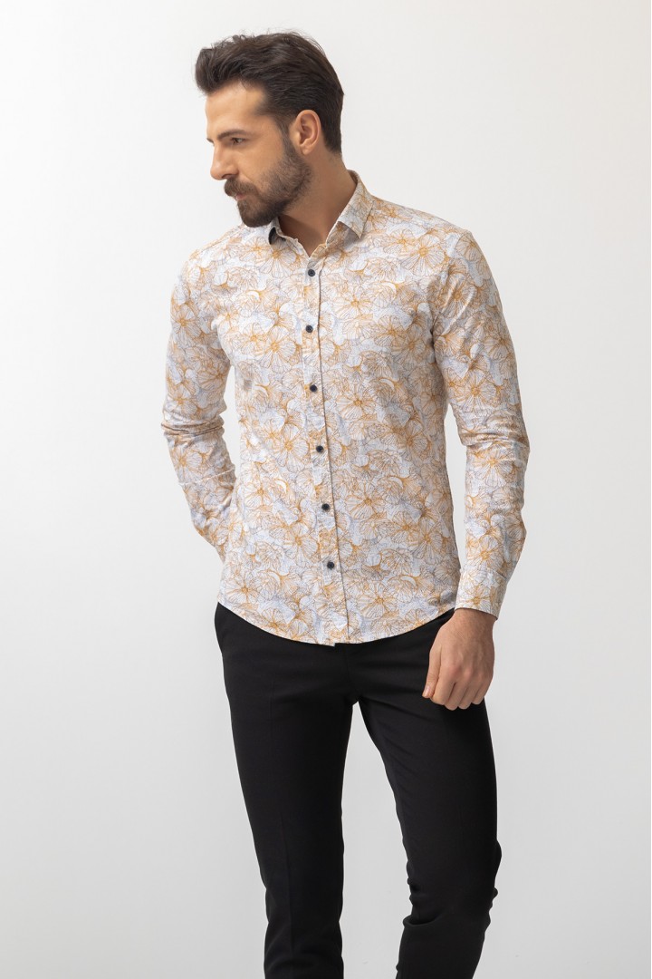 White And Camel Colours Combination Cotton And Elastane Fabrics Concealed Button Detailed Casual Mens Shirt