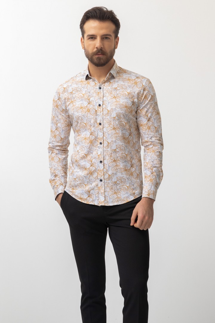 White And Camel Colours Combination Cotton And Elastane Fabrics Concealed Button Detailed Casual Mens Shirt