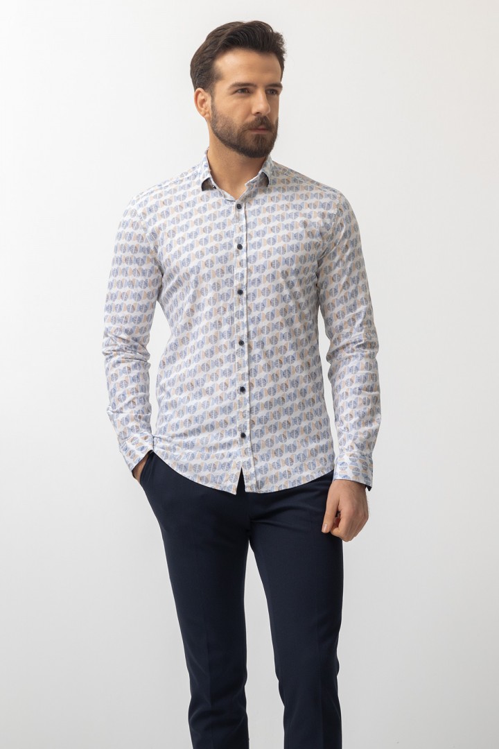 White And Camel Colours Combination Cotton And Elastane Fabrics Concealed Button Detailed Casual Mens Shirt