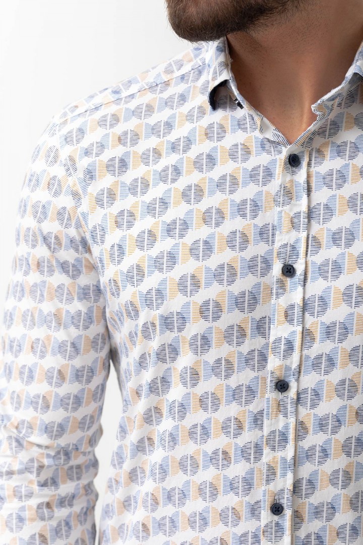White And Camel Colours Combination Cotton And Elastane Fabrics Concealed Button Detailed Casual Mens Shirt