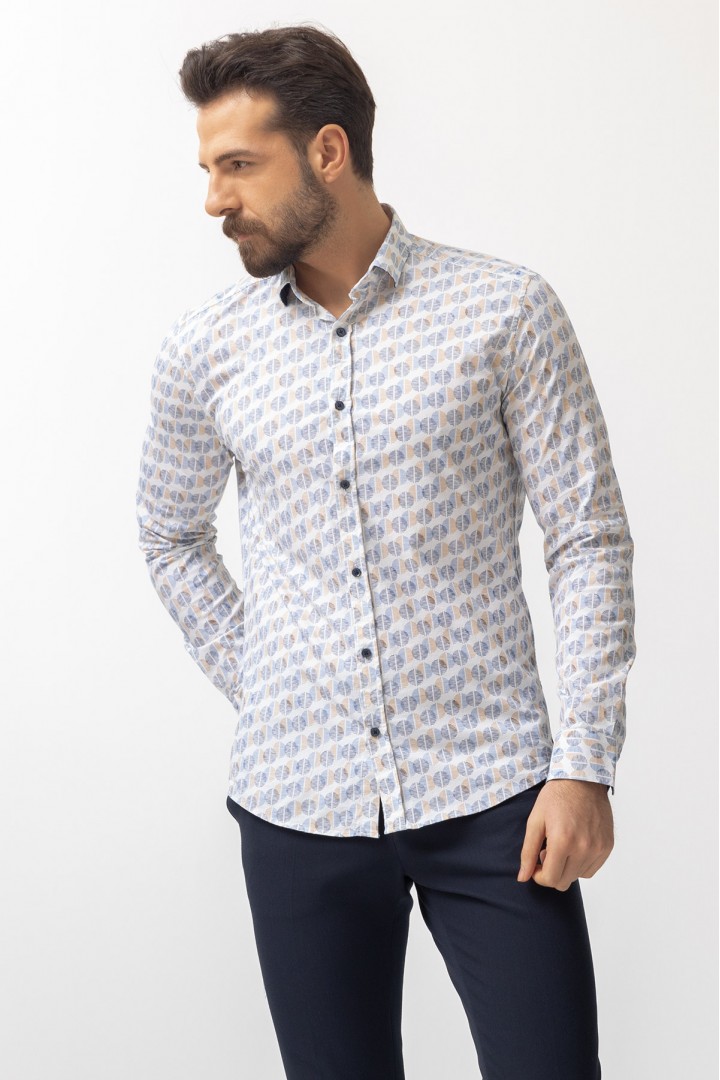 White And Camel Colours Combination Cotton And Elastane Fabrics Concealed Button Detailed Casual Mens Shirt