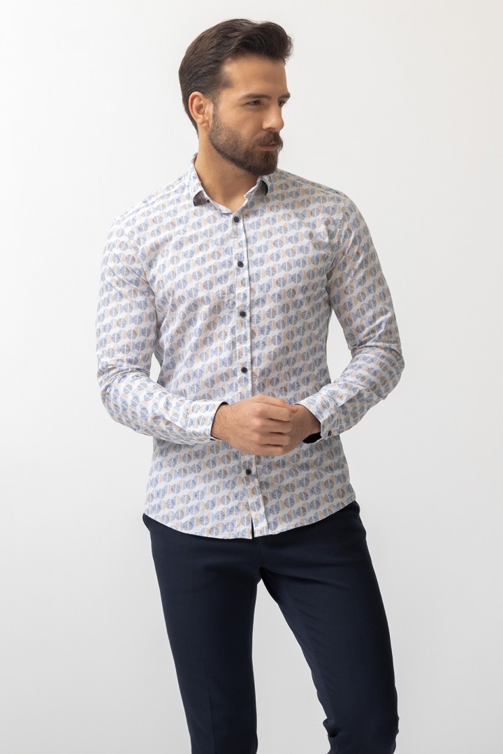 White And Camel Colours Combination Cotton And Elastane Fabrics Concealed Button Detailed Casual Mens Shirt