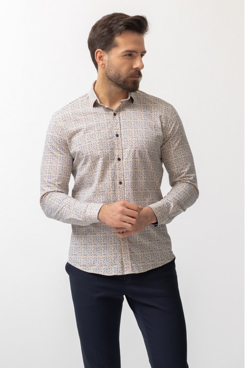Beige Cotton And Elastane Fabrics Concealed Button Detailed Casual Mens Shirt