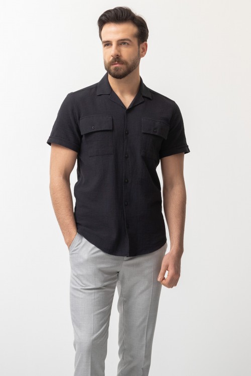 Black Cotton Fabric With Front Flap Pocket And Lapel Collar Detailed Short Sleeve Casual Mens Shirt