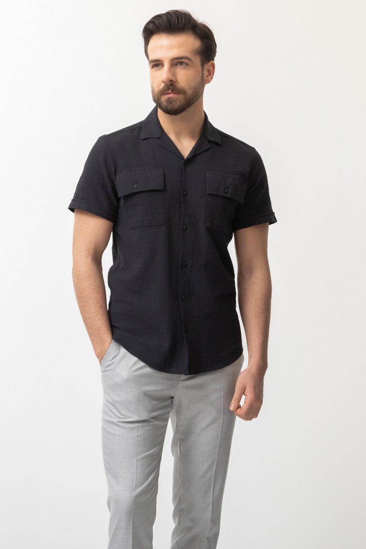 Black Cotton Fabric With Front Flap Pocket And Lapel Collar Detailed Short Sleeve Casual Mens Shirt