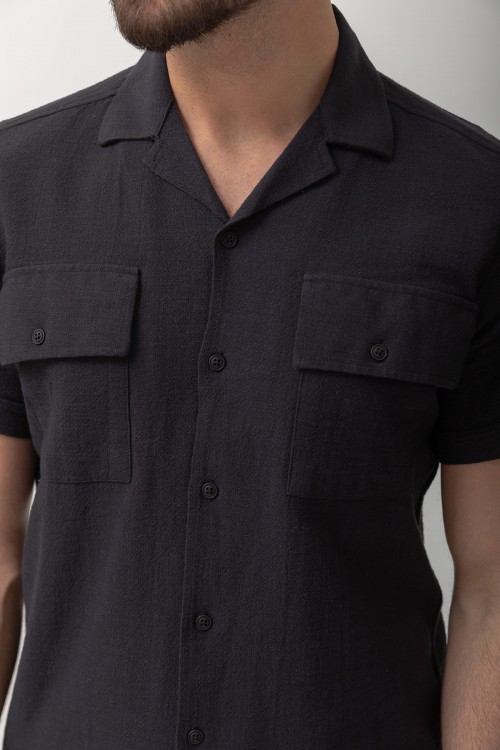 Black Cotton Fabric With Front Flap Pocket And Lapel Collar Detailed Short Sleeve Casual Mens Shirt