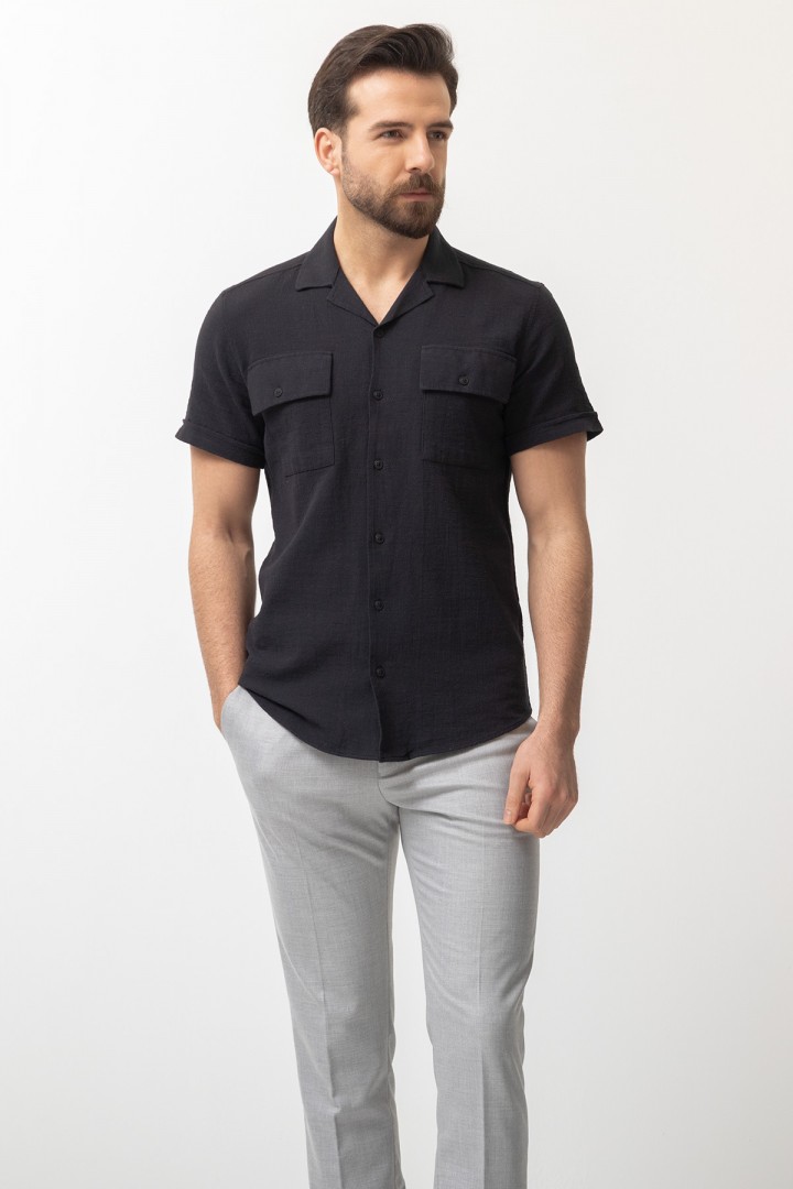 Black Cotton Fabric With Front Flap Pocket And Lapel Collar Detailed Short Sleeve Casual Mens Shirt