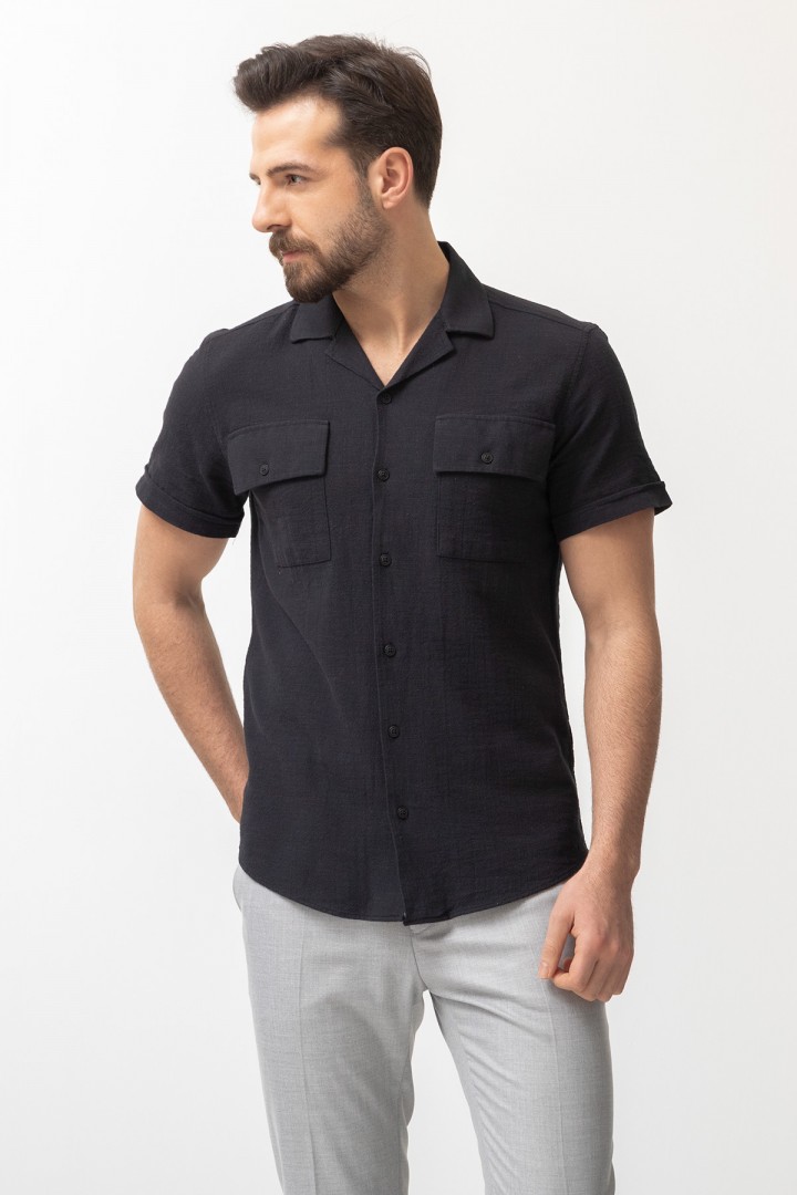 Black Cotton Fabric With Front Flap Pocket And Lapel Collar Detailed Short Sleeve Casual Mens Shirt
