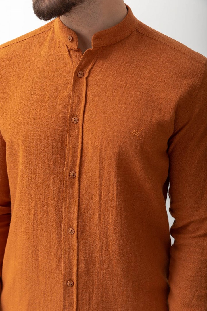Tan Colour Cotton Fabric With Mandarin Collar Detailed Casual Mens Shirt