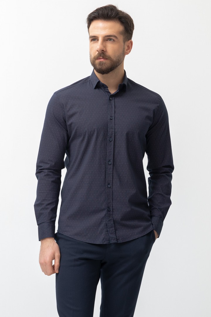 Dark Blue And Camel Colours Combination Cotton And Elastane Fabrics Concealed Button Detailed Casual Mens Shirt