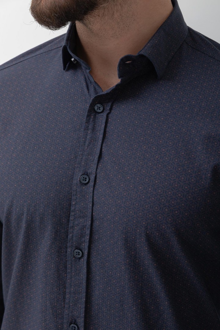 Dark Blue And Camel Colours Combination Cotton And Elastane Fabrics Concealed Button Detailed Casual Mens Shirt