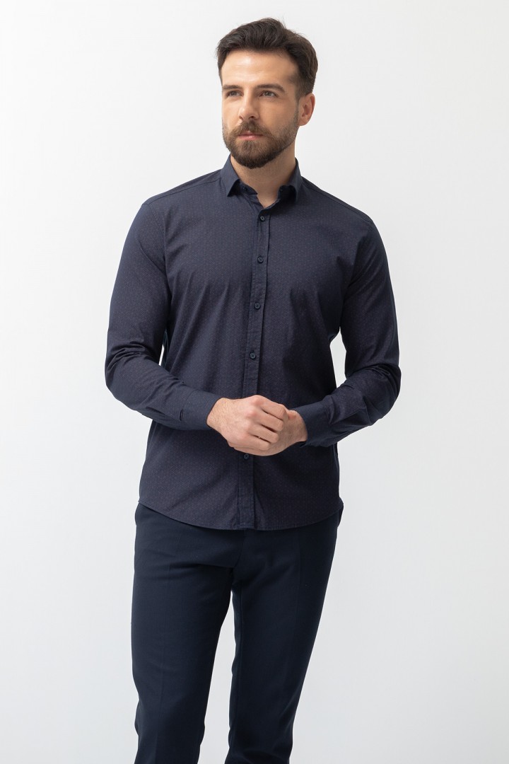 Dark Blue And Camel Colours Combination Cotton And Elastane Fabrics Concealed Button Detailed Casual Mens Shirt
