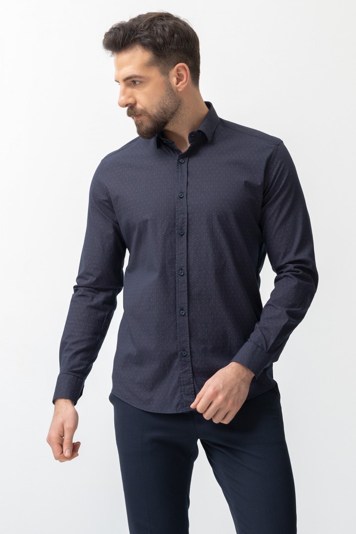 Dark Blue And Camel Colours Combination Cotton And Elastane Fabrics Concealed Button Detailed Casual Mens Shirt