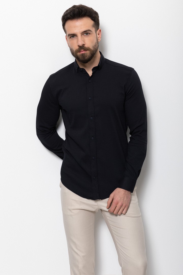 Dark Blue Cotton And Elastane Fabrics Concealed Button Detailed Casual Mens Shirt