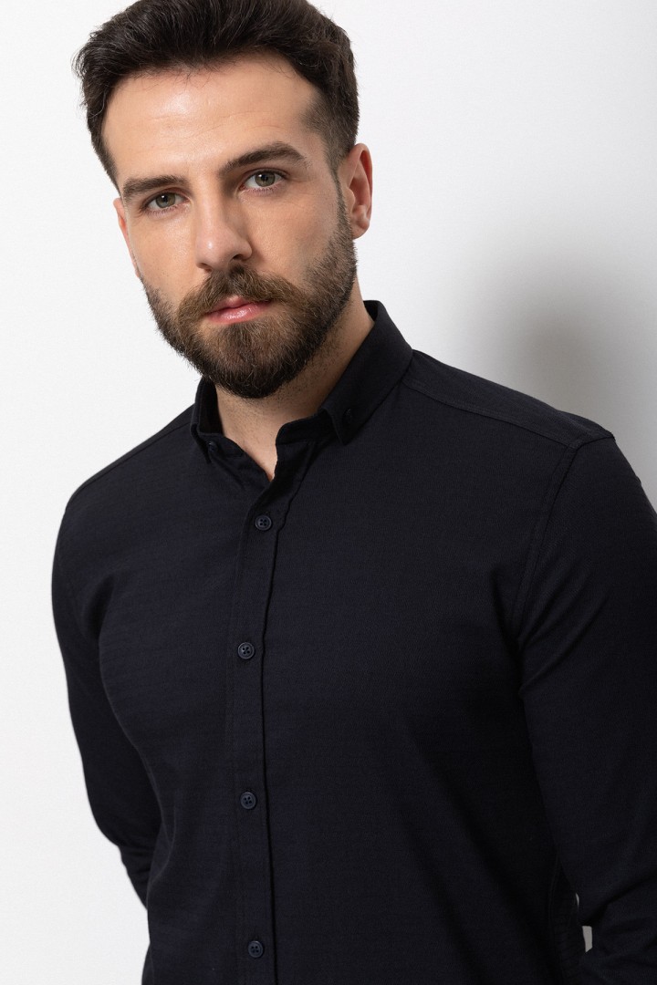 Dark Blue Cotton And Elastane Fabrics Concealed Button Detailed Casual Mens Shirt