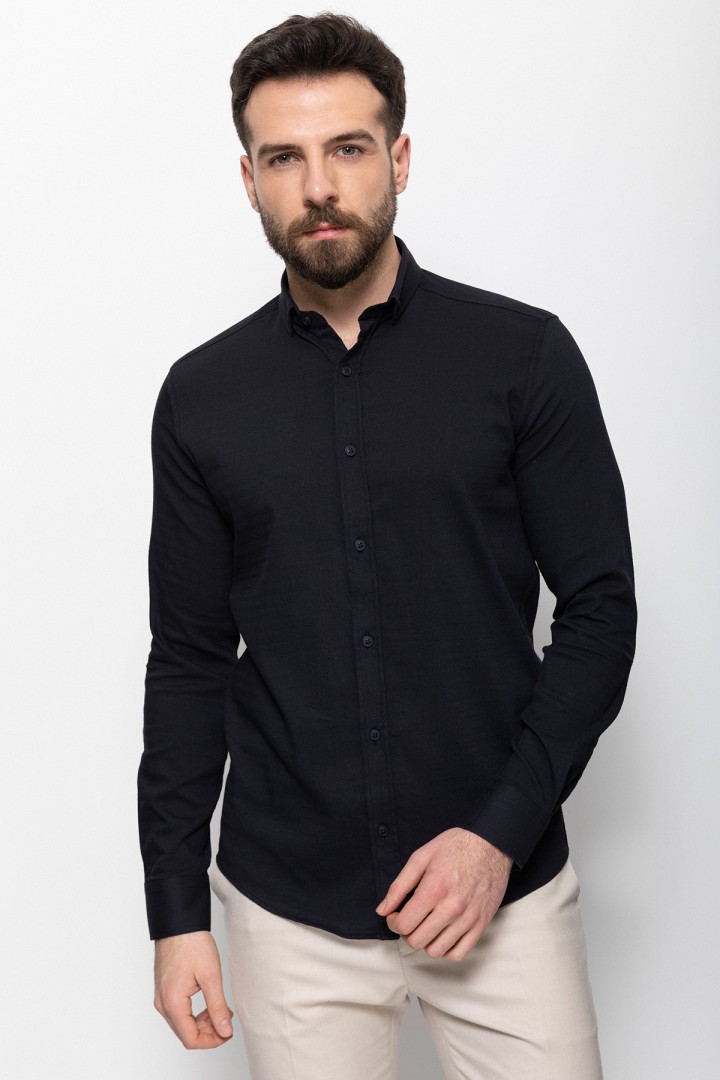 Dark Blue Cotton And Elastane Fabrics Concealed Button Detailed Casual Mens Shirt