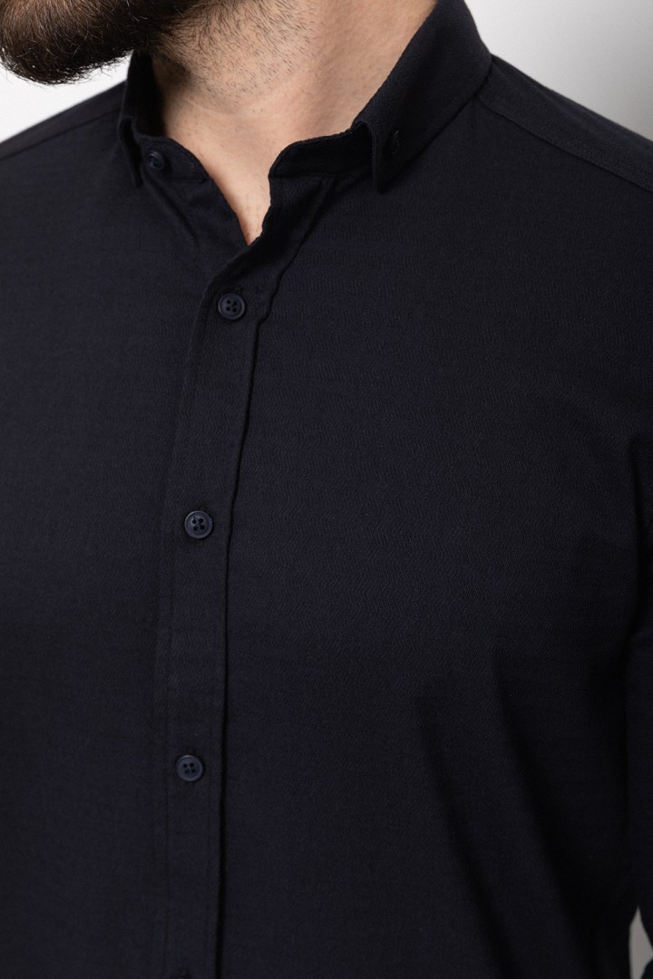 Dark Blue Cotton And Elastane Fabrics Concealed Button Detailed Casual Mens Shirt