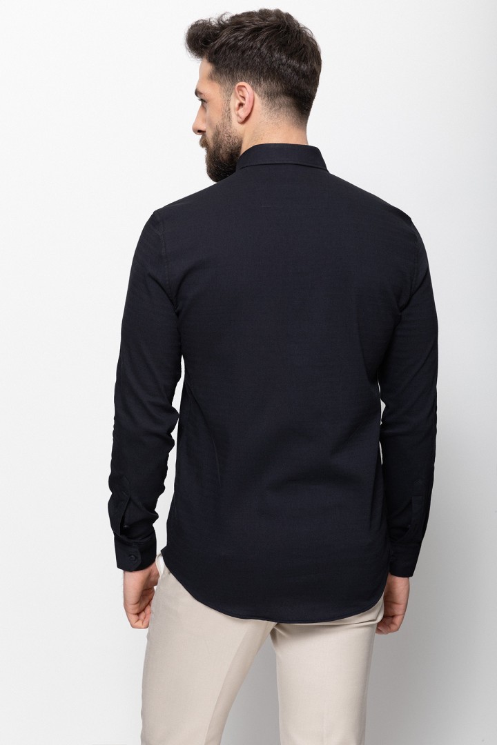 Dark Blue Cotton And Elastane Fabrics Concealed Button Detailed Casual Mens Shirt