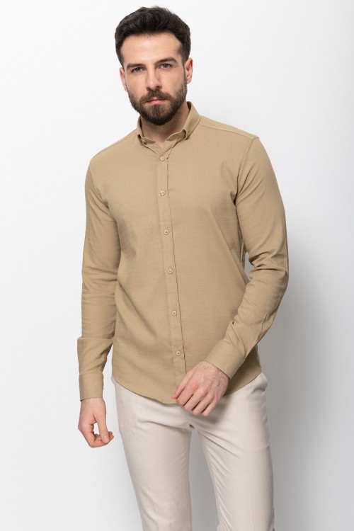 Beige Cotton And Elastane Fabrics Concealed Button Detailed Casual Mens Shirt
