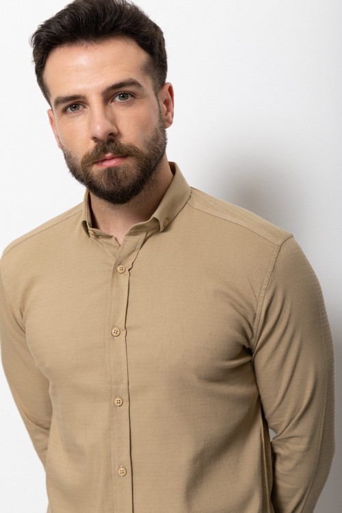 Beige Cotton And Elastane Fabrics Concealed Button Detailed Casual Mens Shirt