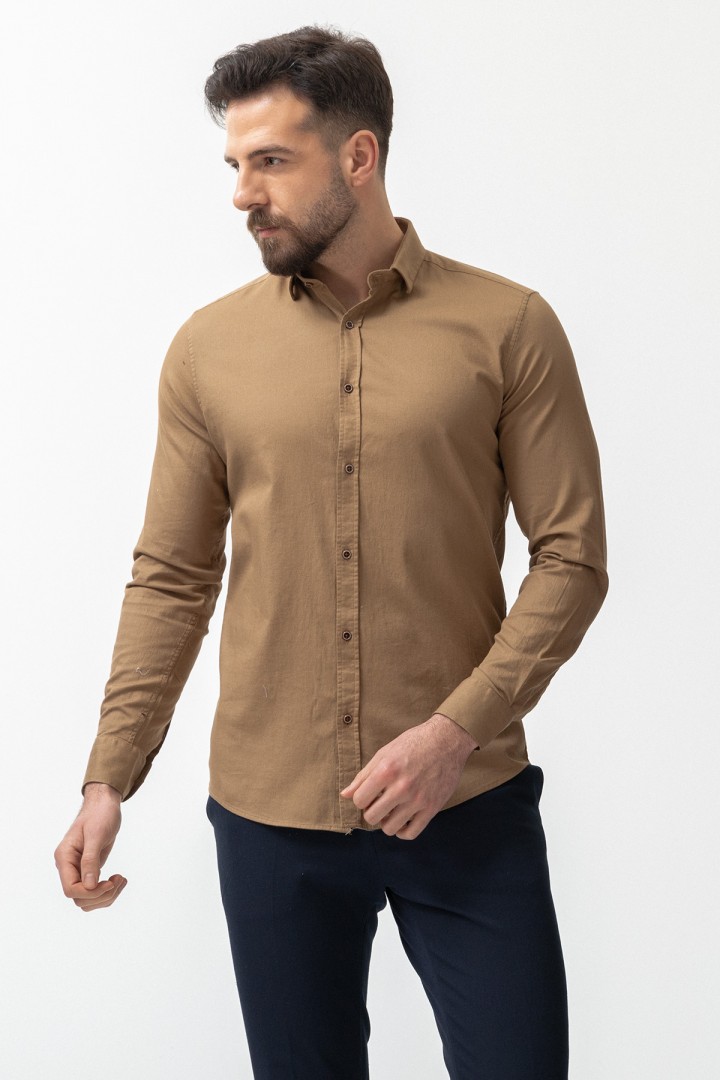 Mustard Cotton And Elastane Fabrics Concealed Button Detailed Casual Mens Shirt
