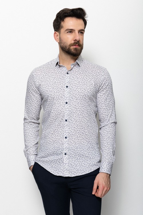 Beige Cotton And Elastane Fabrics Concealed Button Detailed Casual Mens Shirt