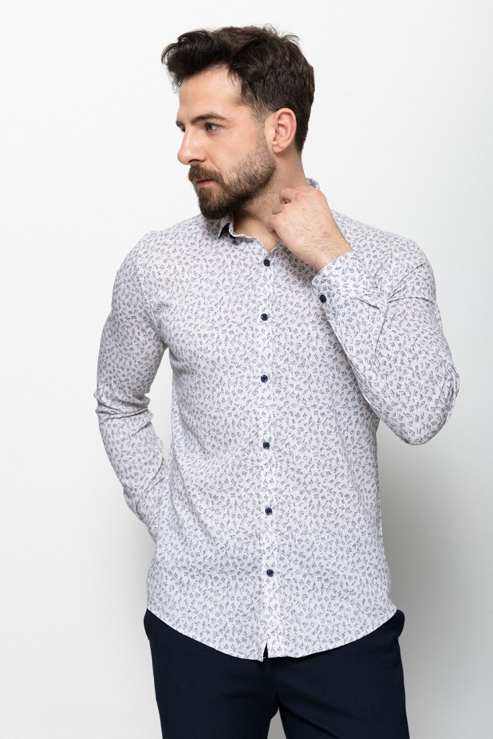 Beige Cotton And Elastane Fabrics Concealed Button Detailed Casual Mens Shirt
