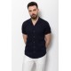 Dark Blue Cotton And Elastane Fabrics Lapel Collar Detailed Casual Mens Shirt