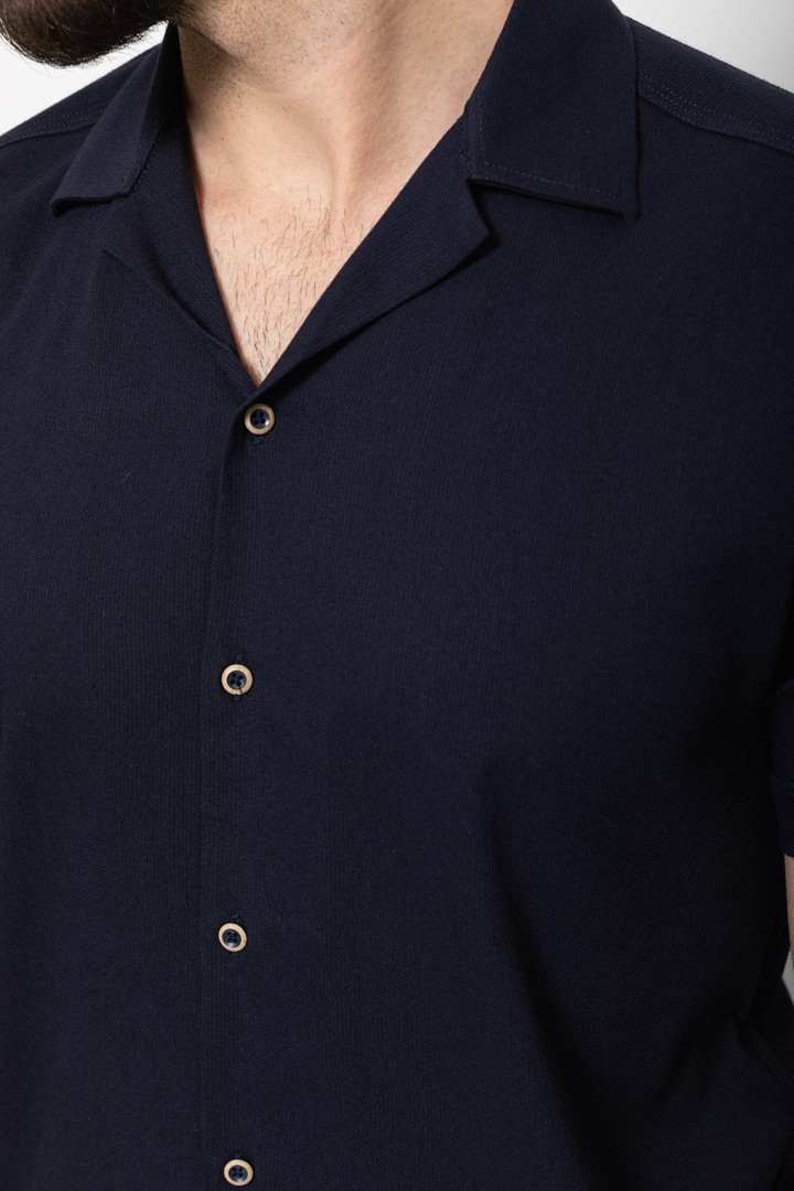Dark Blue Cotton And Elastane Fabrics Lapel Collar Detailed Casual Mens Shirt