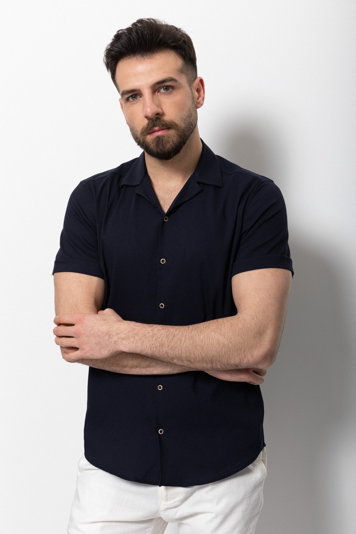 Dark Blue Cotton And Elastane Fabrics Lapel Collar Detailed Casual Mens Shirt