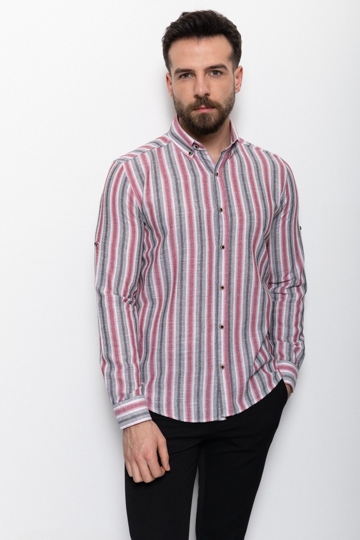 Claret Red And Ecru Colours Combination Cotton Fabric Striped Design Casual Mens Shirt
