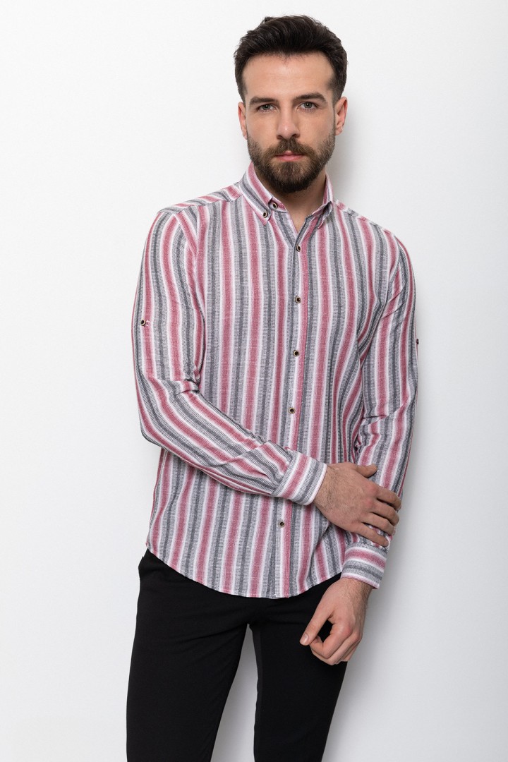 Claret Red And Ecru Colours Combination Cotton Fabric Striped Design Casual Mens Shirt