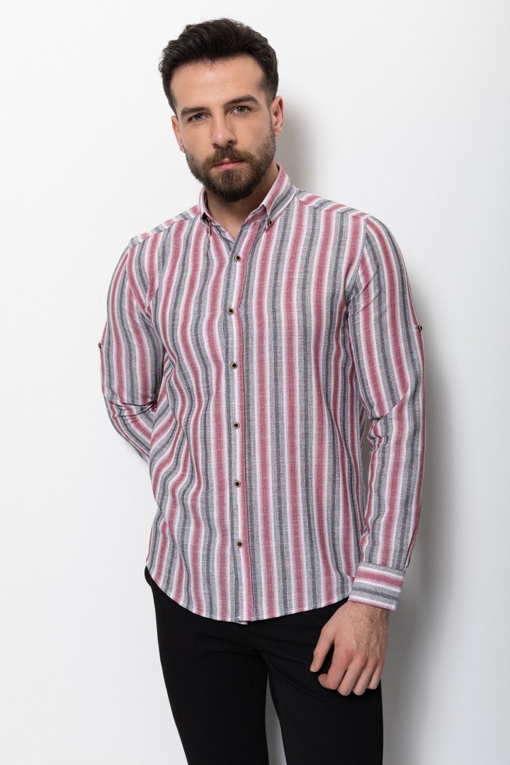 Claret Red And Ecru Colours Combination Cotton Fabric Striped Design Casual Mens Shirt