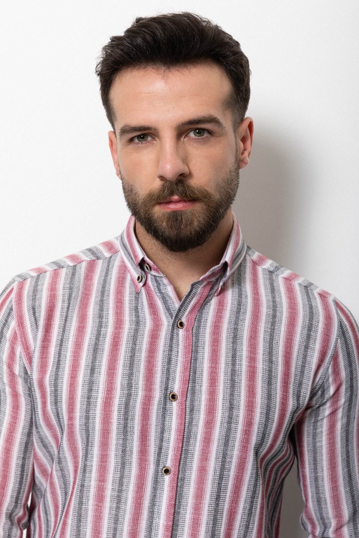 Claret Red And Ecru Colours Combination Cotton Fabric Striped Design Casual Mens Shirt