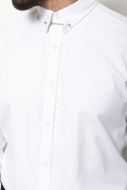 White Cotton And Elastane Fabrics With Chain Collar Detailed Casual Mens Shirt