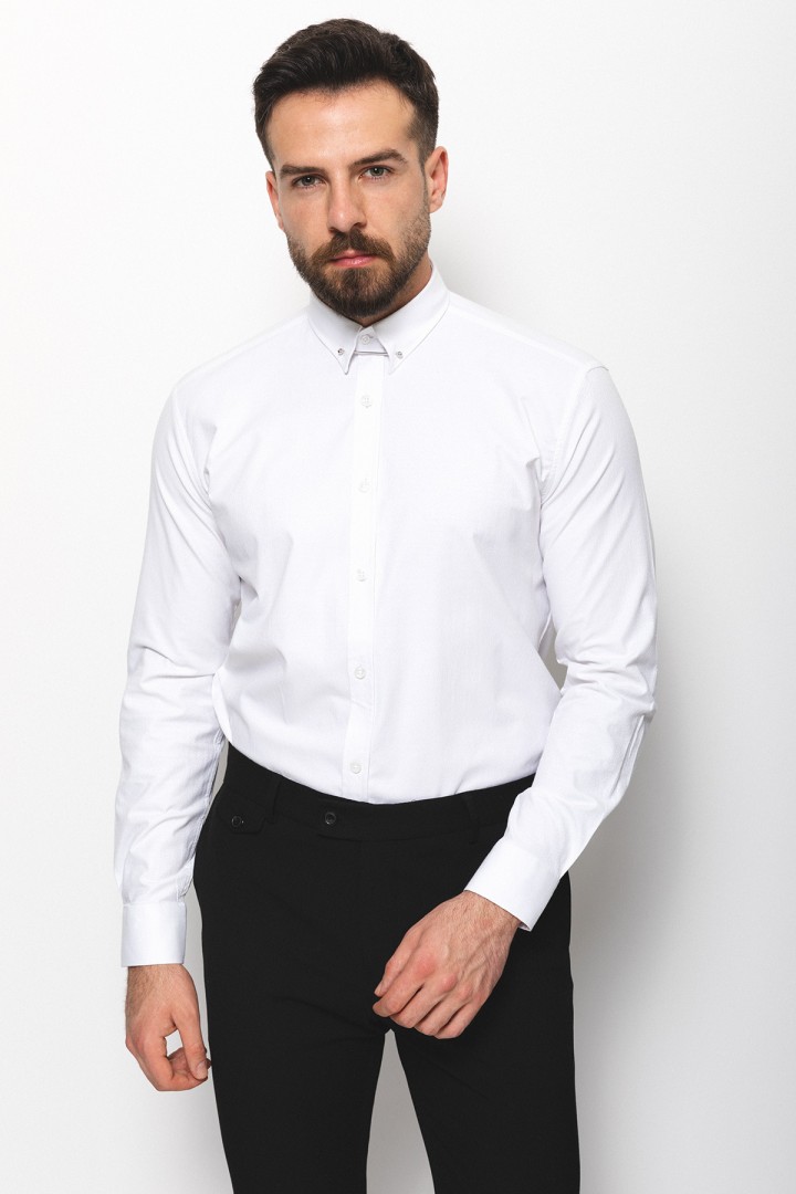 White Cotton And Elastane Fabrics With Chain Collar Detailed Casual Mens Shirt