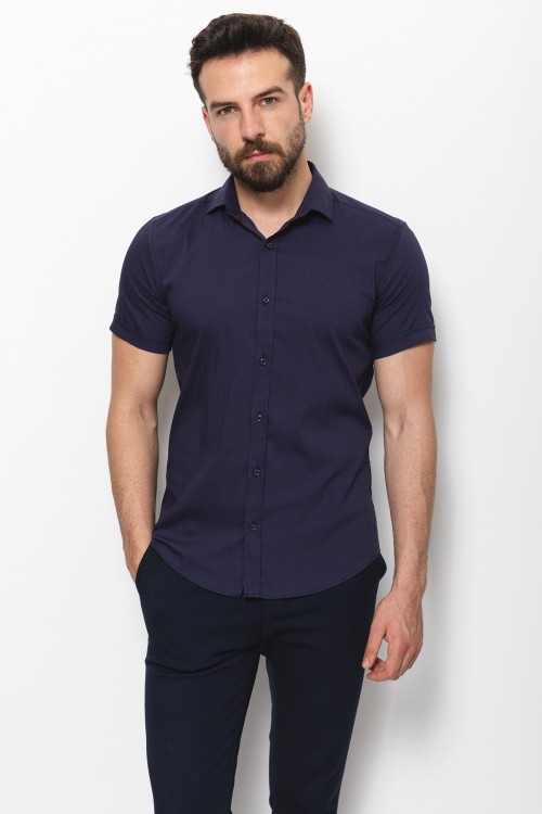 Dark Blue Cotton And Elastane Fabric With Short Sleeve Concealed Button Detailed Casual Mens Shirt