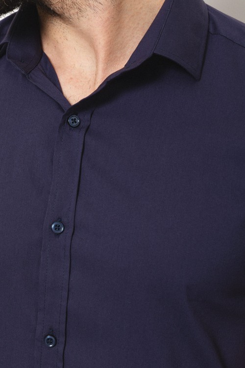 Dark Blue Cotton And Elastane Fabric With Short Sleeve Concealed Button Detailed Casual Mens Shirt