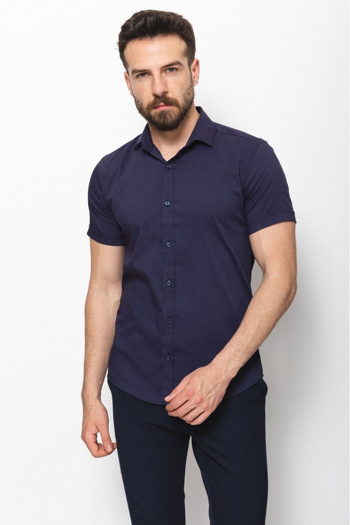 Dark Blue Cotton And Elastane Fabric With Short Sleeve Concealed Button Detailed Casual Mens Shirt