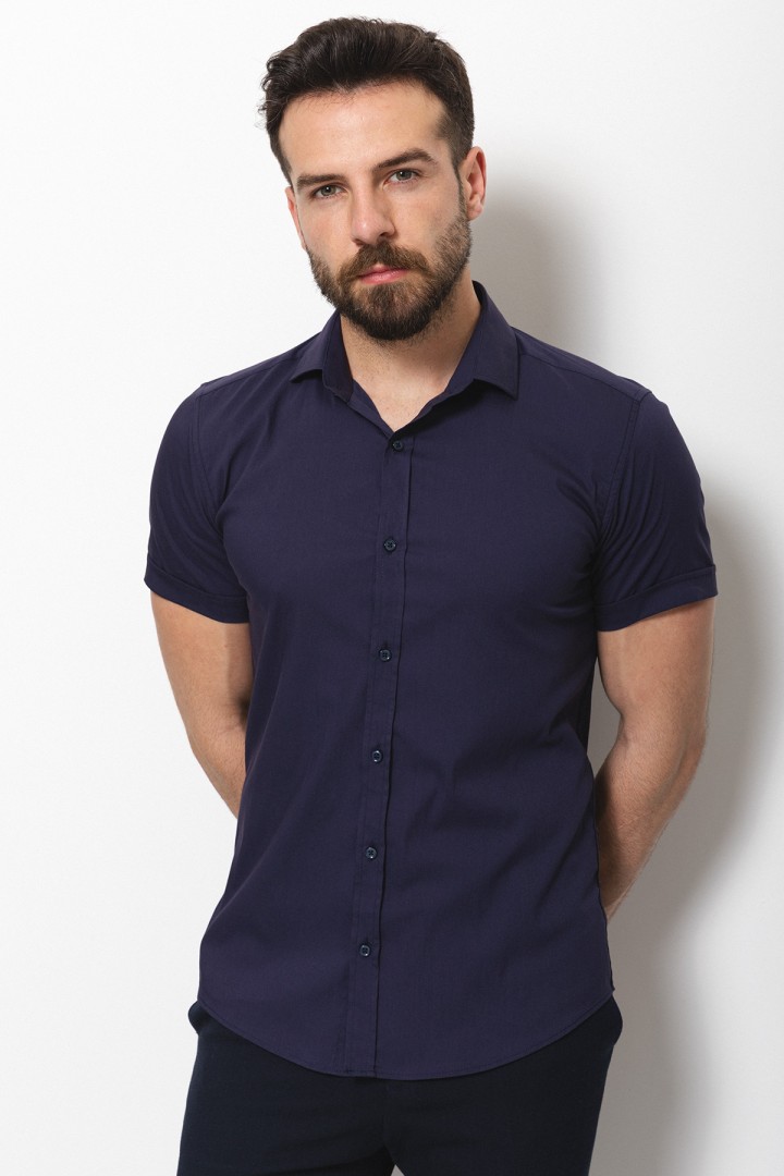 Dark Blue Cotton And Elastane Fabric With Short Sleeve Concealed Button Detailed Casual Mens Shirt