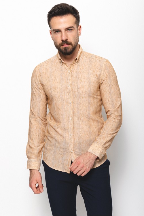 Camel Cotton And Linen Fabrics Striped Detailed Casual Mens Shirt