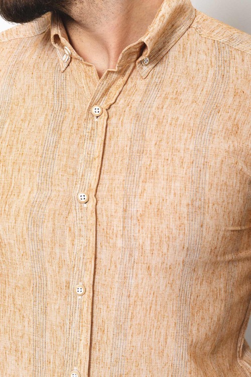 Camel Cotton And Linen Fabrics Striped Detailed Casual Mens Shirt
