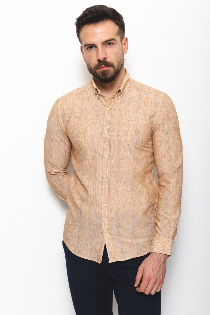 Camel Cotton And Linen Fabrics Striped Detailed Casual Mens Shirt