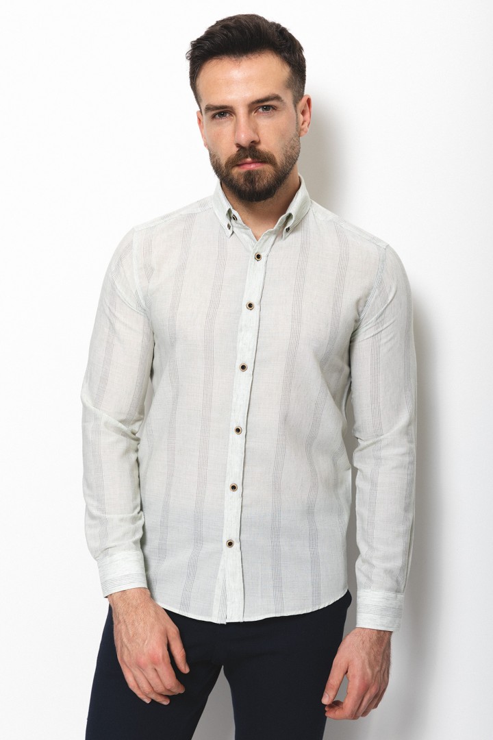 Light Green Cotton And Linen Fabrics Striped Detailed Casual Mens Shirt