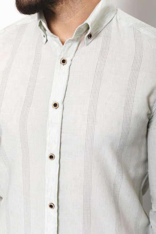 Light Green Cotton And Linen Fabrics Striped Detailed Casual Mens Shirt