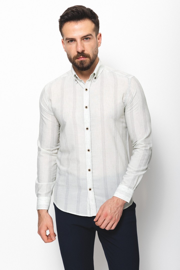 Light Green Cotton And Linen Fabrics Striped Detailed Casual Mens Shirt