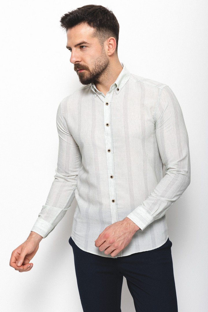 Light Green Cotton And Linen Fabrics Striped Detailed Casual Mens Shirt