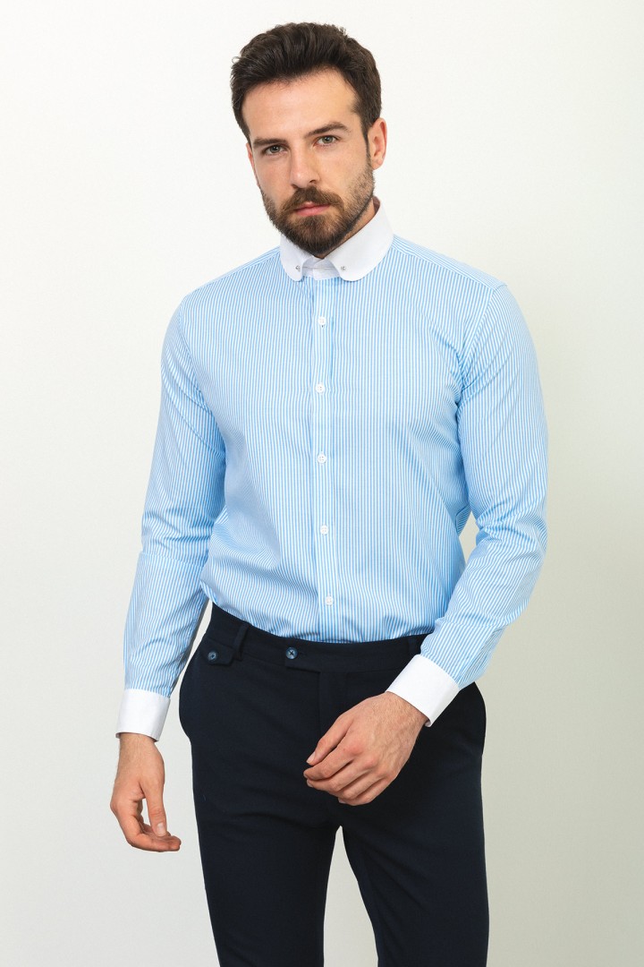 Blue And White Colours Combination Cotton Fabric Needle With Round Collar And Striped Design Classic Mens Shirt