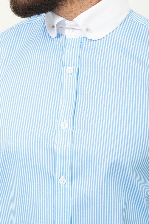 Blue And White Colours Combination Cotton Fabric Needle With Round Collar And Striped Design Classic Mens Shirt